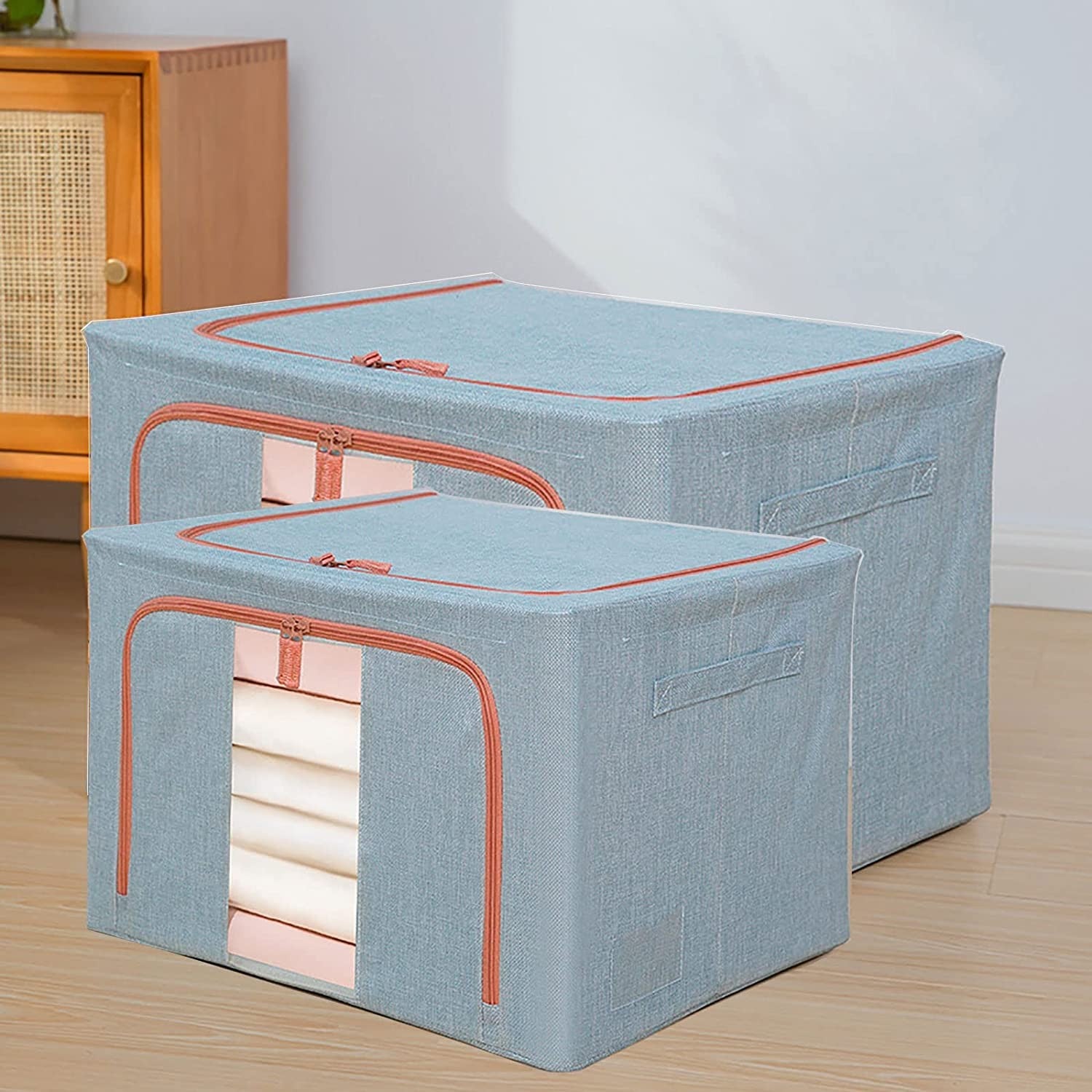 Cutie de Depozitare Pliabila, Klevo, 24 L, din Bumbac si In, 40x30x20 cm, Fereastra Frontala, 2 Usi de Acces cu Fermoar Bidirectional, Cadru Metalic, Suport Baza Stabil din Plastic, Bleu