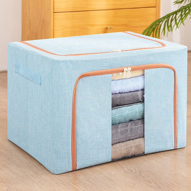 Cutie de Depozitare Pliabila, Klevo, 24 L, din Bumbac si In, 40x30x20 cm, Fereastra Frontala, 2 Usi de Acces cu Fermoar Bidirectional, Cadru Metalic, Suport Baza Stabil din Plastic, Bleu