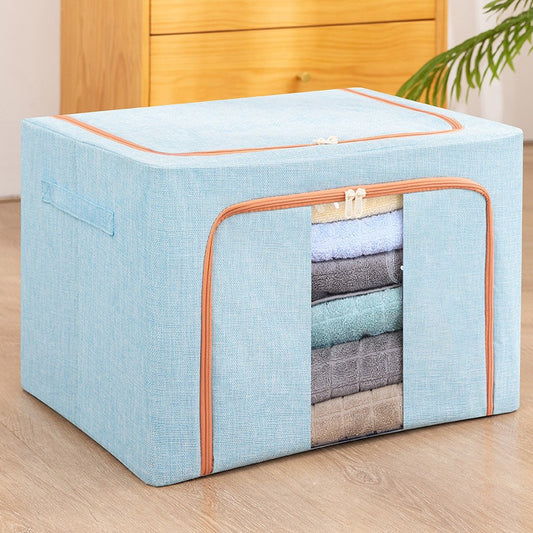 Cutie de Depozitare Pliabila, Klevo, 24 L, din Bumbac si In, 40x30x20 cm, Fereastra Frontala, 2 Usi de Acces cu Fermoar Bidirectional, Cadru Metalic, Suport Baza Stabil din Plastic, Bleu