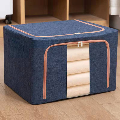 Cutie de Depozitare Pliabila, Klevo, 24 L, din Bumbac si In, 40x30x20 cm, Fereastra Frontala, 2 Usi de Acces cu Fermoar Bidirectional, Cadru Metalic, Suport Baza Stabil din Plastic, Albastru Marin