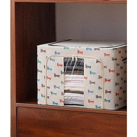 Cutie de Depozitare Pliabila, Klevo, 24 L, Panza Oxford, 40x30x20 cm, Fereastra Frontala, 2 Usi de Acces cu Fermoar Bidirectional, Cadru Metalic, Suport Baza Stabil din Plastic, Imprimeu Catelus, Bej