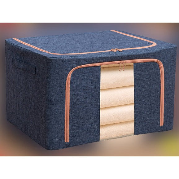 Cutie de Depozitare Pliabila, Klevo, 66 L, din Bumbac si In, 50x40x33 cm, Fereastra Frontala, 2 Usi de Acces cu Fermoar Bidirectional, Cadru Metalic, Suport Baza Stabil din Plastic, Albastru Marin
