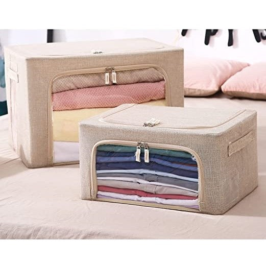 Cutie de depozitare pliabila, Klevo, Cu fermoar, 66 L, Textil, 50x40x33 cm, Cadru Metalic, Suport Baza Stabil din Plastic, Crem