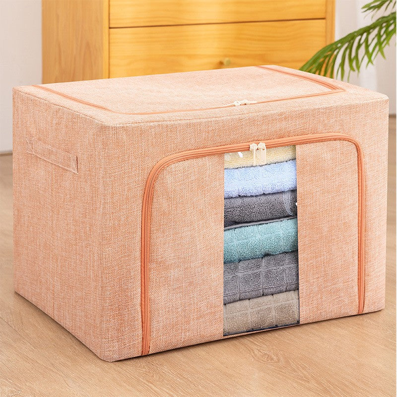 Cutie de Depozitare Pliabila, Klevo, 66 L, din Bumbac si In, 50x40x33 cm, Fereastra Frontala, 2 Usi de Acces cu Fermoar Bidirectional, Cadru Metalic, Suport Baza Stabil din Plastic, Roz Pudrat