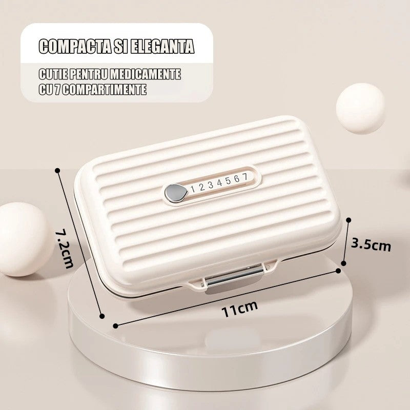 Cutie Medicamente, Klevo, Bej, 7 Compartimente, Portabila si Compacta, 11x7.2x3.5 cm, Ideala pentru Uzul Cotidian