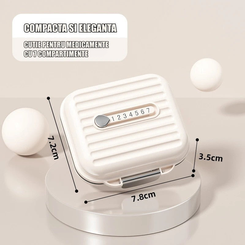 Cutie Medicamente, Klevo, Bej, 7 Compartimente, Portabila si Compacta, 7.8x7.2x3.5 cm, Ideala pentru Uzul Cotidian
