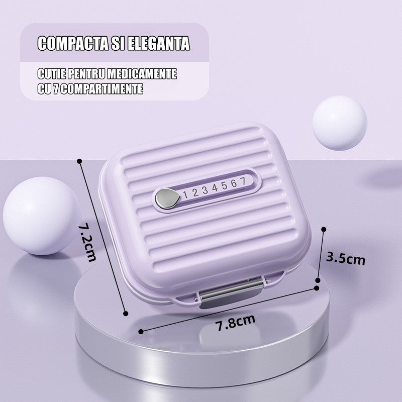 Cutie Medicamente, Klevo, Mov, 7 Compartimente, Portabila si Compacta, 7.8x7.2x3.5 cm, Ideala pentru Uzul Cotidian