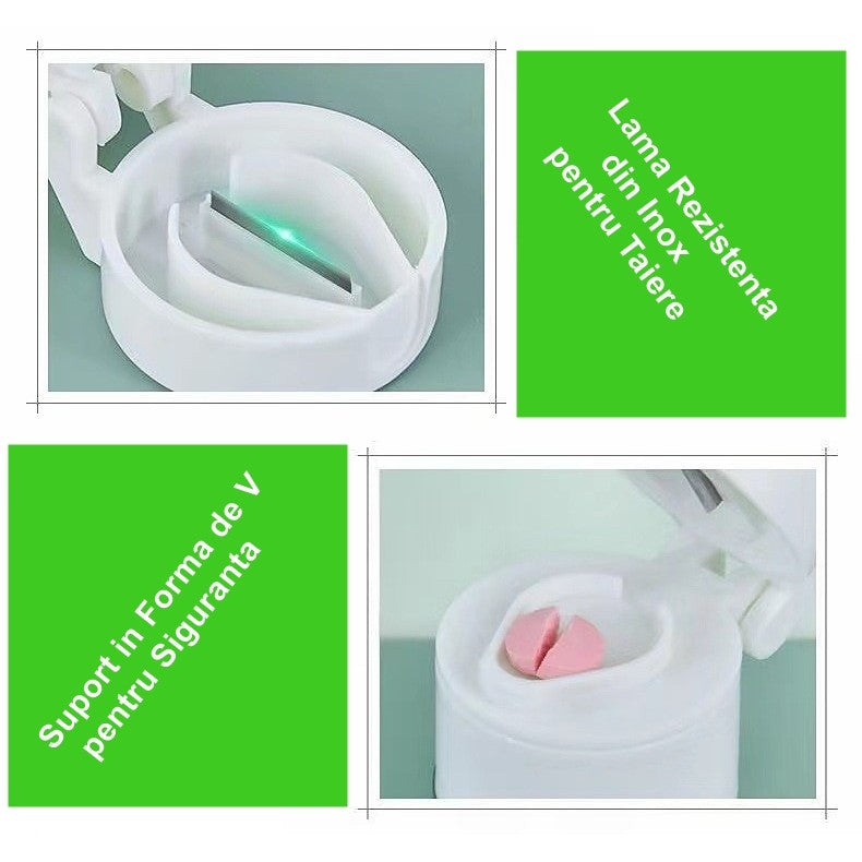 Cutie Pastile Multifunctionala, Klevo, 4 in 1, Pahar Apa, Taiere, Sfaramare, Depozitare, Compact, ABS cu Lama din Inox, Alb, 8.7x6.2x4.1 cm