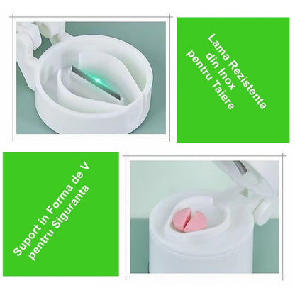 Cutie Pastile Multifunctionala, Klevo, 4 in 1, Pahar Apa, Taiere, Sfaramare, Depozitare, Compact, ABS cu Lama din Inox, Alb, 8.7x6.2x4.1 cm