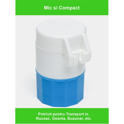 Cutie Pastile Multifunctionala, Klevo, 4 in 1, Pahar Apa, Taiere, Sfaramare, Depozitare, Compact, ABS cu Lama din Inox, Alb/Albastru, 8.7x6.2x4.1 cm