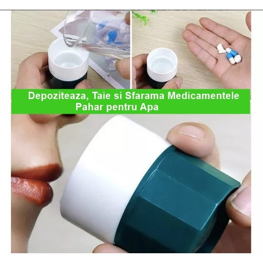 Cutie Pastile Multifunctionala, Klevo, 4 in 1, Pahar Apa, Taiere, Sfaramare, Depozitare, Compact, ABS cu Lama din Inox, Alb/Verde, 8.7x6.2x4.1 cm