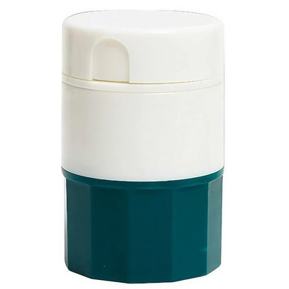Cutie Pastile Multifunctionala, Klevo, 4 in 1, Pahar Apa, Taiere, Sfaramare, Depozitare, Compact, ABS cu Lama din Inox, Alb/Verde, 8.7x6.2x4.1 cm