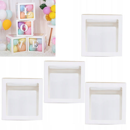 Set 4 Cutii pentru Baloane, Klevo, Model Simplu, Tematica Aniversare, Cuburi Decorative din Plastic, Accesorii pentru Petrecere, 30 x30 cm, Transparente Contur Alb