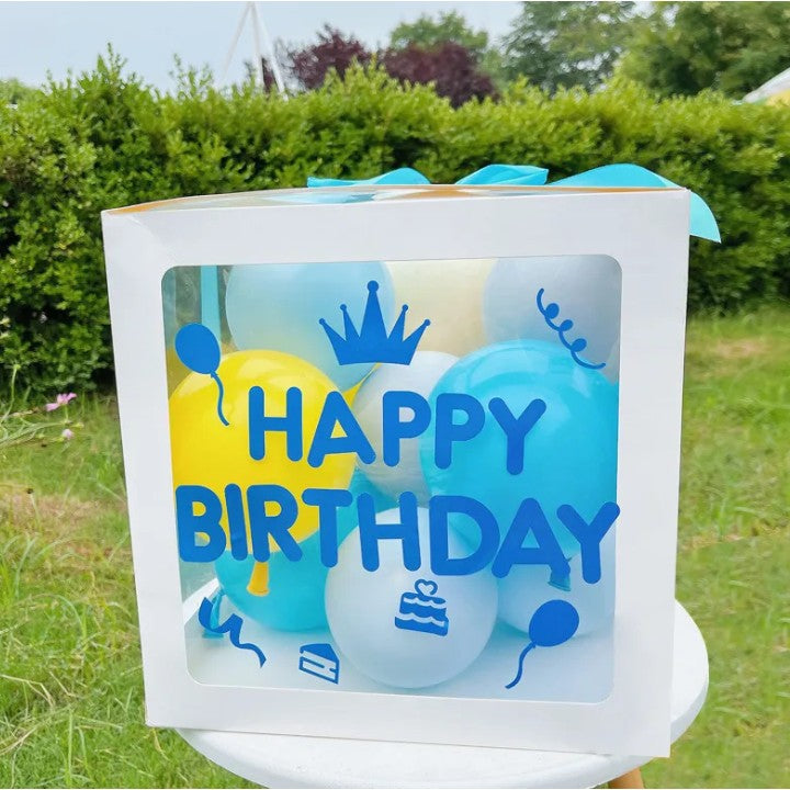 Cutie pentru Baloane, Klevo, Tematica Aniversare, Model Scris Happy Birthday, Baloane Albastre, Albe, Galbene si Panglica Incluse, Contur Alb, Transparenta, 30x30 cm