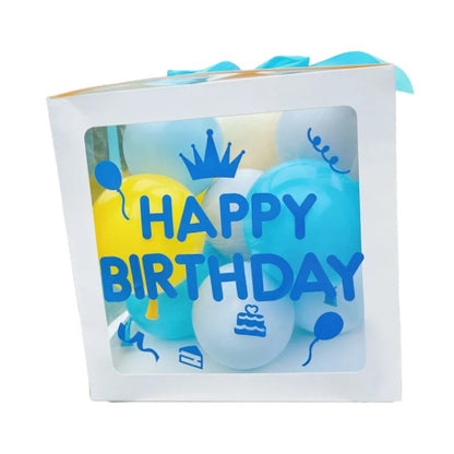 Cutie pentru Baloane, Klevo, Tematica Aniversare, Model Scris Happy Birthday, Baloane Albastre, Albe, Galbene si Panglica Incluse, Contur Alb, Transparenta, 30x30 cm