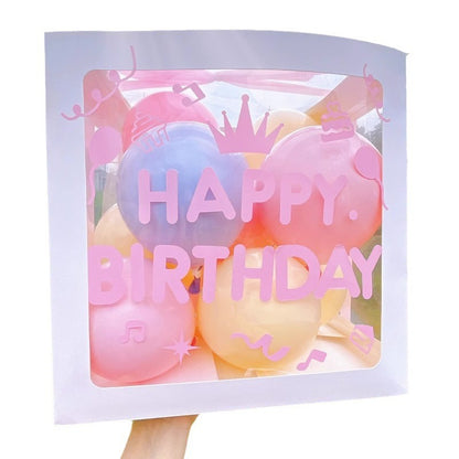 Cutie pentru Baloane, Klevo, Tematica Aniversare, Model Scris Happy Birthday, Baloane Albastre, Roz, Galbene si Panglica Incluse, Contur Alb, Transparenta, 30x30 cm