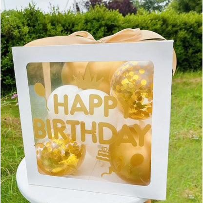 Cutie pentru Baloane, Klevo, Tematica Aniversare, Model Scris Happy Birthday, Baloane Aurii, Albe si Panglica Incluse, Contur Alb, Transparenta, 30x30 cm