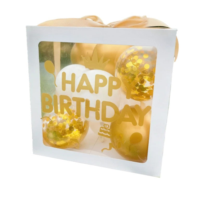 Cutie pentru Baloane, Klevo, Tematica Aniversare, Model Scris Happy Birthday, Baloane Aurii, Albe si Panglica Incluse, Contur Alb, Transparenta, 30x30 cm