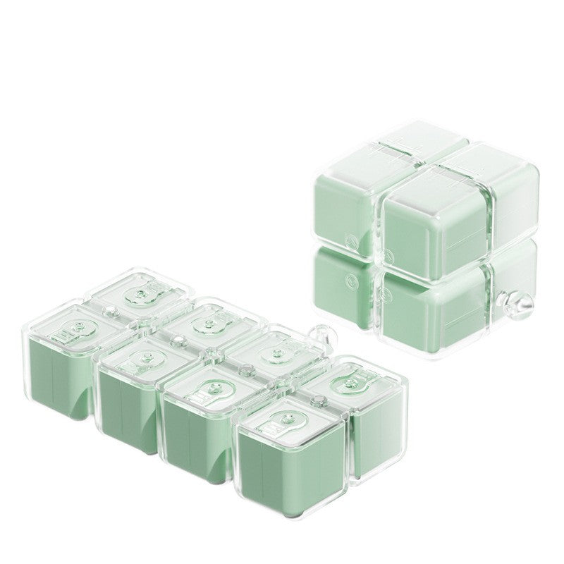 Cutie pentru Medicamente, Klevo, Model Rubik' Cube, cu Curea de Agatare, Dozator Portabil de Medicamente, Dispenser Pastile, estimat pentru 7 zile, 7.3 x 6 x 6 cm, Verde deschis