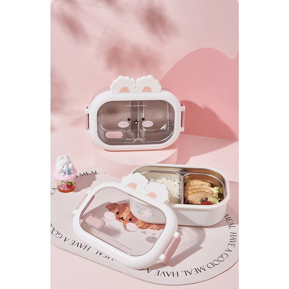 Cutie pentru Pranz sau Gustari, Klevo, cu Doua Compartimente, Model Iepuras, pentru Copii si Adulti, Etansare, PP, Perfect pentru Scoala si Birou, 1000 mL, 22x17.8x8 cm, Alb