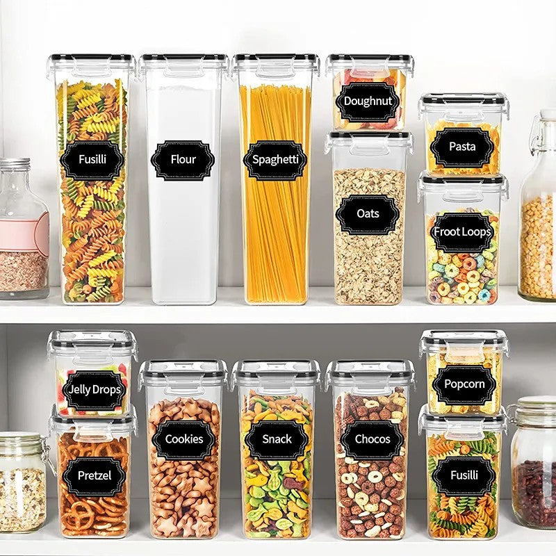 Cutii de depozitare alimente, Klevo, Set din 16 Cutii pentru Condimente, Cereale, Cutii pentru Bucatarie, din Plastic PP, Cutii Alimentare, Diferite Dimensiuni, Transparente
