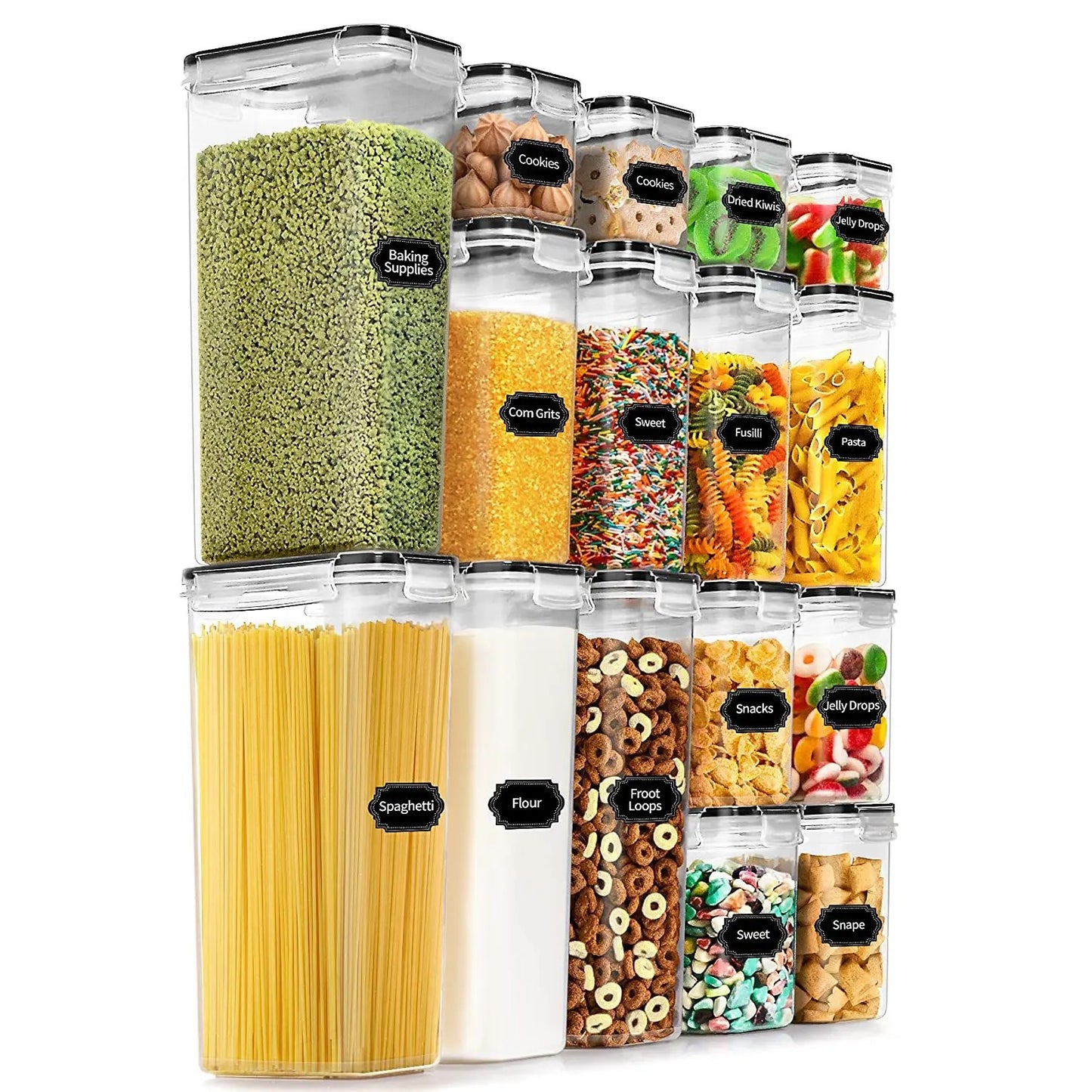 Cutii de depozitare alimente, Klevo, Set din 16 Cutii pentru Condimente, Cereale, Cutii pentru Bucatarie, din Plastic PP, Cutii Alimentare, Diferite Dimensiuni, Transparente