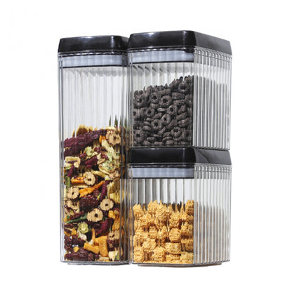 Set 3 Recipiente din Plastic, Klevo, pentru Alimente/Obiecte, Inchidere Ermetica, Textura Ondulata, 2 x 1.5l, 1 x 3.3 l, Transparent