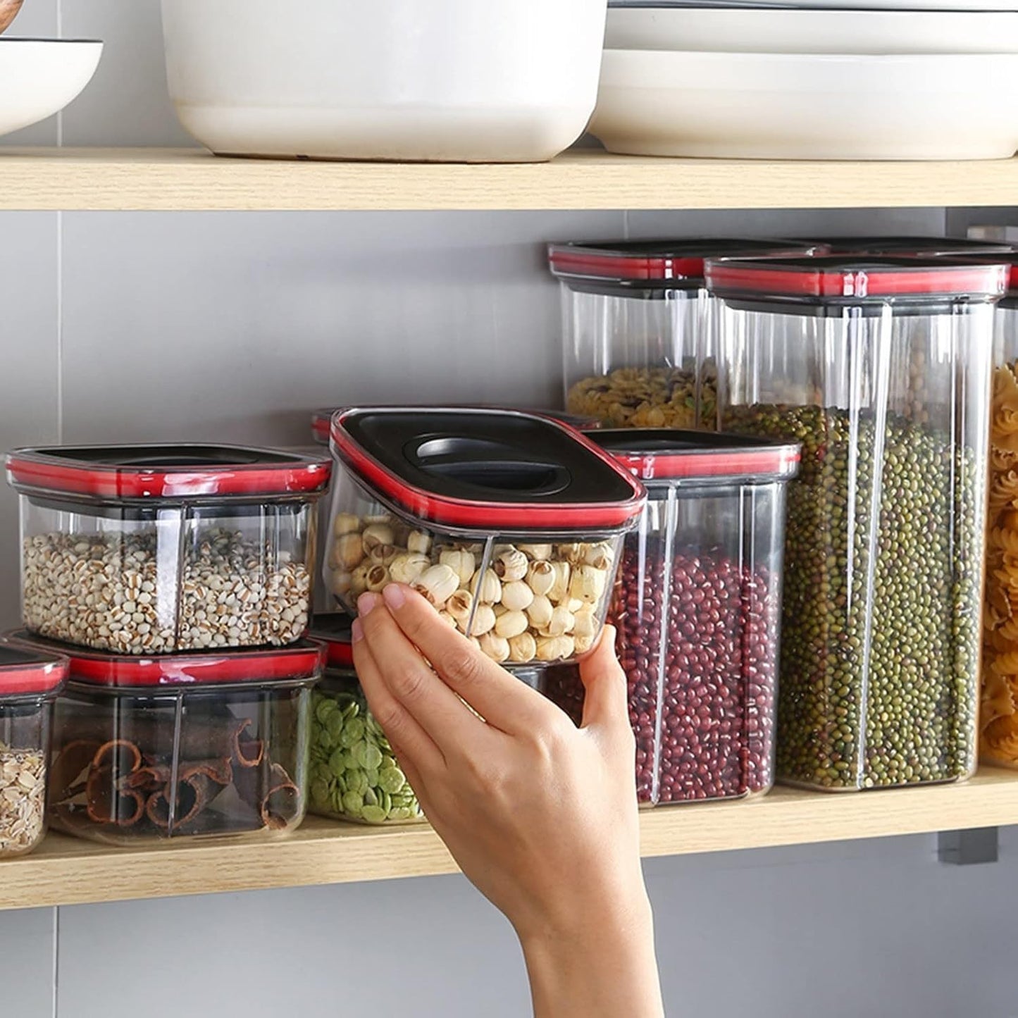 Cutii de Depozitare Alimente, Klevo, Set din 5 Cuti de tip Container, Recipiente pentru Cereale in Bucatarie,  Transparente cu Capac Negru