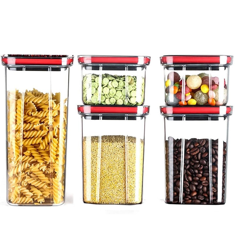 Cutii de Depozitare Alimente, Klevo, Set din 5 Cuti de tip Container, Recipiente pentru Cereale in Bucatarie,  Transparente cu Capac Negru