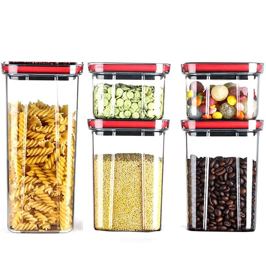 Cutii de Depozitare Alimente, Klevo, Set din 5 Cuti de tip Container, Recipiente pentru Cereale in Bucatarie,  Transparente cu Capac Negru