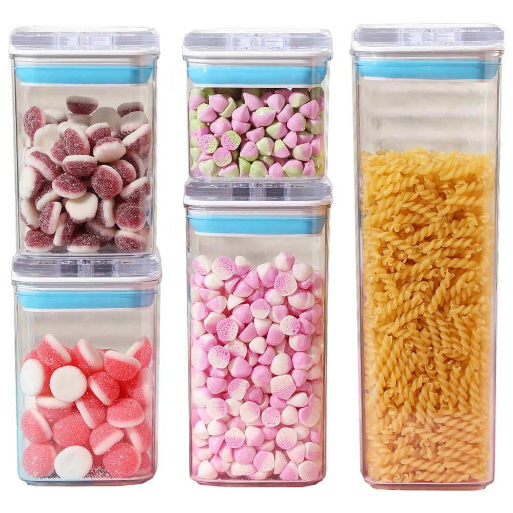 Cutii de Depozitare Alimente, Klevo, Set din 5 Cutii de tip Container, 1x0.5 l, 2x0.8 l, 1x1.2 l, 1x1.9 l, Recipiente pentru Cereale in Bucatarie,  Transparente cu Capac Albastru-Alb