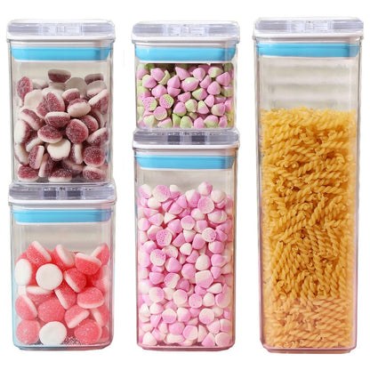 Cutii de Depozitare Alimente, Klevo, Set din 5 Cutii de tip Container, 1x0.5 l, 2x0.8 l, 1x1.2 l, 1x1.9 l, Recipiente pentru Cereale in Bucatarie,  Transparente cu Capac Albastru-Alb