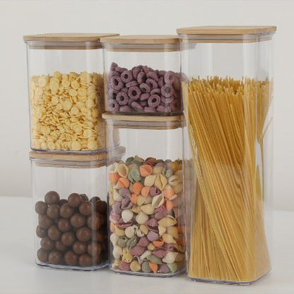 Cutii de Depozitare Alimente, Klevo, Set din 5 Cutii de tip Container, Cutii pentru Cereale, din Plastic, Capac din Bambuc, 1pc 0.5 l. 2pc 0.8 l, 2pc 1.2 l, 1pc 1.9 l,  Transparente