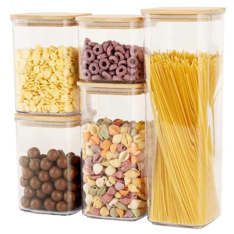 Cutii de Depozitare Alimente, Klevo, Set din 5 Cutii de tip Container, Cutii pentru Cereale, din Plastic, Capac din Bambuc, 1pc 0.5 l. 2pc 0.8 l, 2pc 1.2 l, 1pc 1.9 l,  Transparente