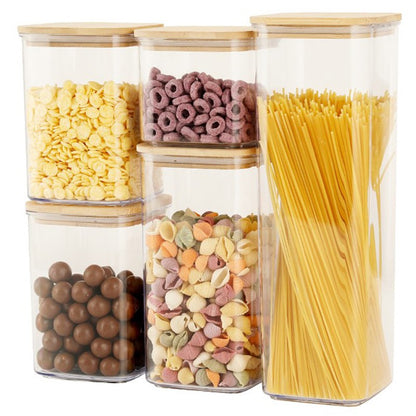 Cutii de Depozitare Alimente, Klevo, Set din 5 Cutii de tip Container, Cutii pentru Cereale, din Plastic, Capac din Bambuc, 1pc 0.5 l. 2pc 0.8 l, 2pc 1.2 l, 1pc 1.9 l,  Transparente