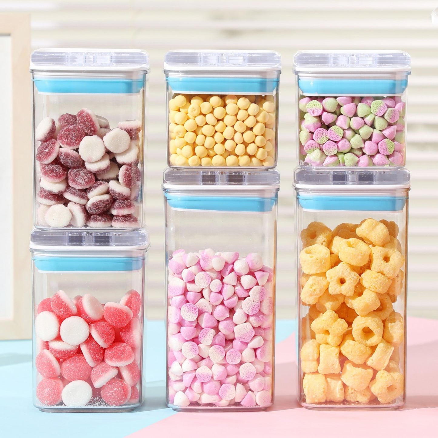 Cutii de Depozitare Alimente, Klevo, Set din 6 Cutii de tip Container, 2x0.5 l, 2x0.8 l, 2x1.2 l, Recipiente pentru Cereale in Bucatarie,  Transparente cu Capac Albastru-Alb