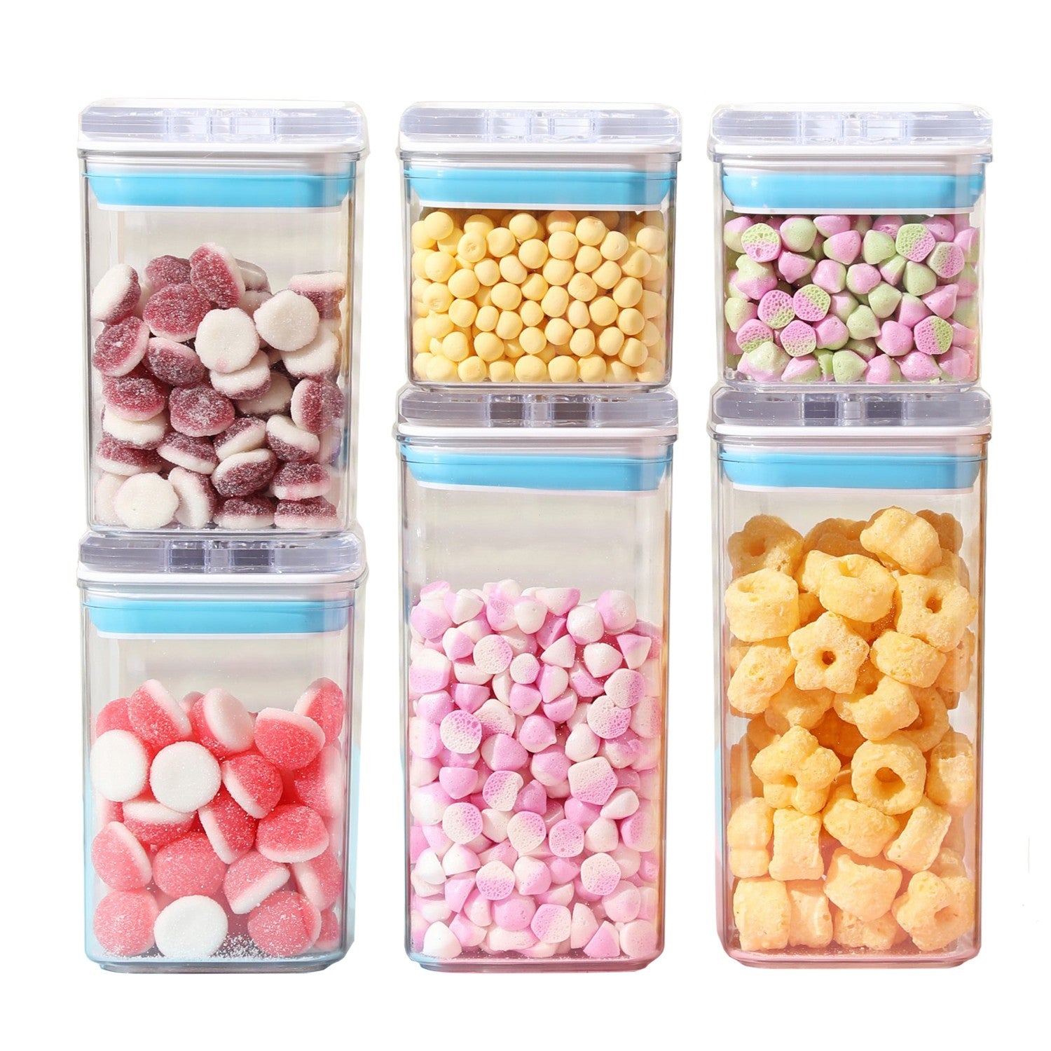 Cutii de Depozitare Alimente, Klevo, Set din 6 Cutii de tip Container, 2x0.5 l, 2x0.8 l, 2x1.2 l, Recipiente pentru Cereale in Bucatarie,  Transparente cu Capac Albastru-Alb