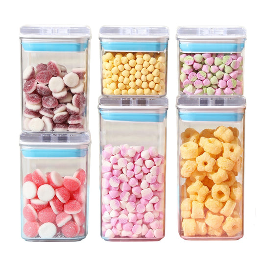 Cutii de Depozitare Alimente, Klevo, Set din 6 Cutii de tip Container, 2x0.5 l, 2x0.8 l, 2x1.2 l, Recipiente pentru Cereale in Bucatarie,  Transparente cu Capac Albastru-Alb