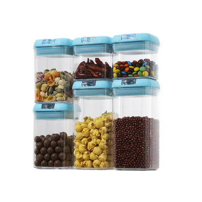 Set 6 Cutii de Depozitare Alimente, Klevo, 2 x 500ml, 2 x 800ml, 2 x 1200ml, Capac Albastru, din PP+PET, Inchidere Ermetica, Transparent