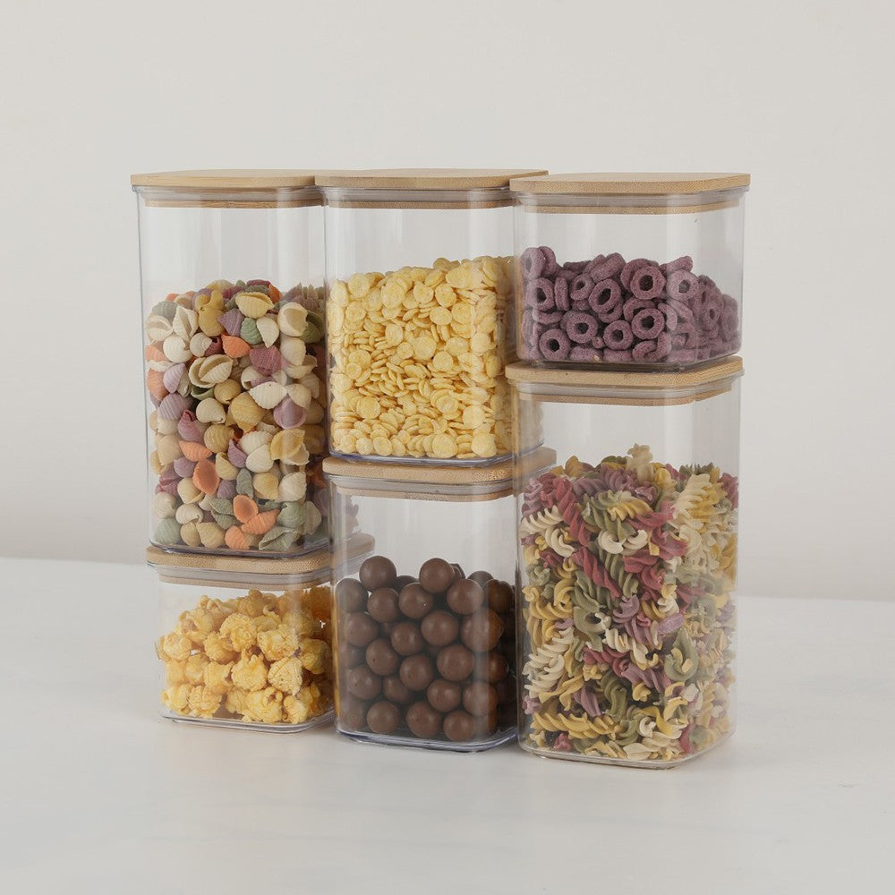 Cutii de Depozitare Alimente, Klevo, Set din 6 Cutii de tip Container, Cutii pentru Cereale, din Plastic, Capac din Bambuc, 2pc 0.5 l. 2pc 0.8 l