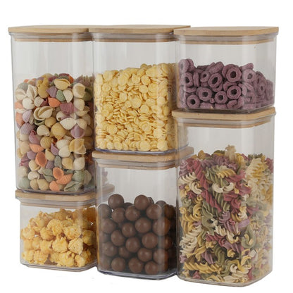 Cutii de Depozitare Alimente, Klevo, Set din 6 Cutii de tip Container, Cutii pentru Cereale, din Plastic, Capac din Bambuc, 2pc 0.5 l. 2pc 0.8 l