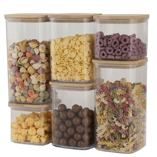 Cutii de Depozitare Alimente, Klevo, Set din 6 Cutii de tip Container, Cutii pentru Cereale, din Plastic, Capac din Bambuc, 2pc 0.5 l. 2pc 0.8 l