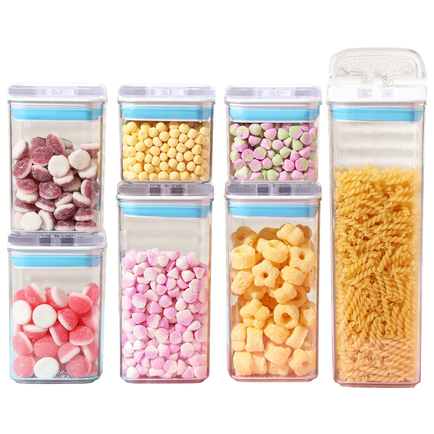 Cutii de Depozitare Alimente, Klevo, Set din 7 Cutii de tip Container, 2x0.5 l, 2x0.8 l, 2x1.2 l, 1x1.9 l, Recipiente pentru Cereale in Bucatarie,  Transparente cu Capac Albastru-Alb