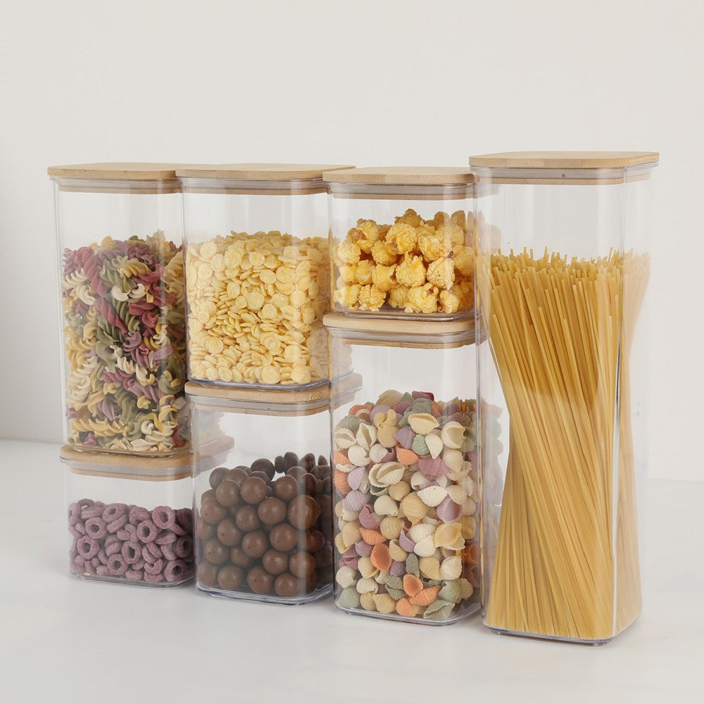 Cutii de Depozitare Alimente, Klevo, Set din 7 Cutii de tip Container, Cutii pentru Cereale, din Plastic, Capac din Bambuc, 2pc 0.5 l, 2pc 0.8 l, 2pc 1.2 l, 1pc 2.5 l, Transparente