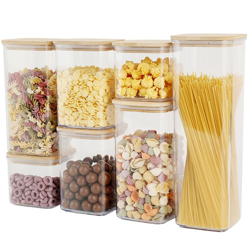 Cutii de Depozitare Alimente, Klevo, Set din 7 Cutii de tip Container, Cutii pentru Cereale, din Plastic, Capac din Bambuc, 2pc 0.5 l, 2pc 0.8 l, 2pc 1.2 l, 1pc 2.5 l, Transparente