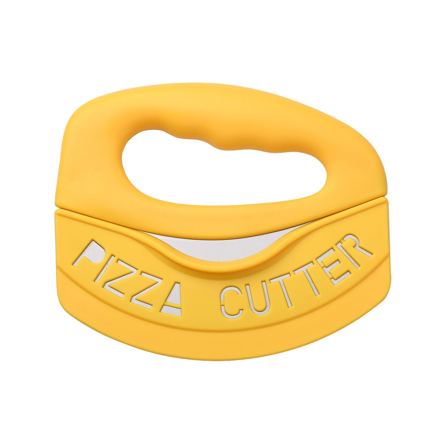 Cutit pentru taiat pizza Klevo, cu protectie din silicon pentru lama, inox, 15.5 cm, galben