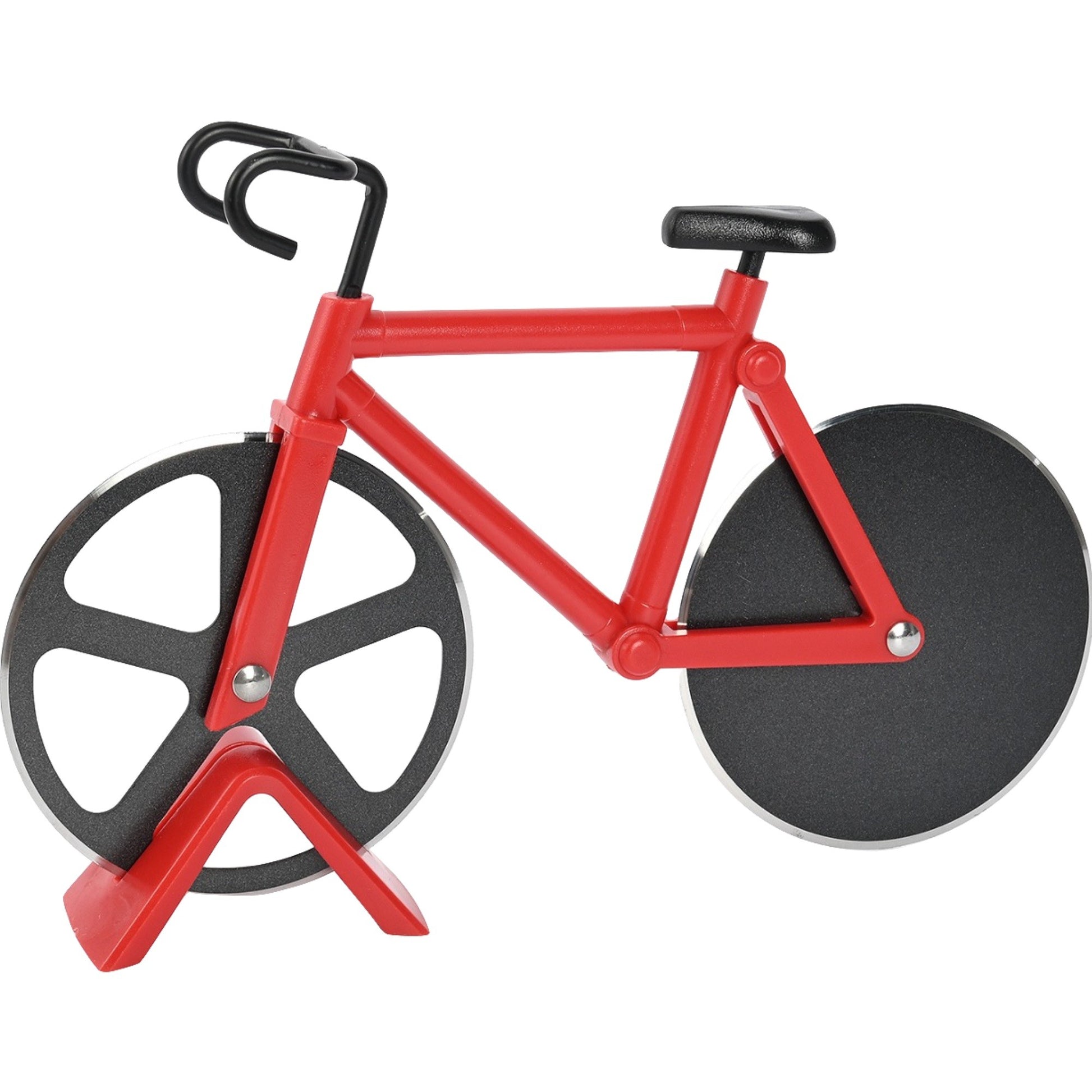 Cutit pizza creativ Klevo, in forma de bicicleta, cu suport pentru cutit, 19 x 12.5 cm, otel/PP, negru