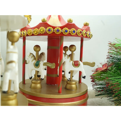 Cutiuta muzicala decorata de Craciun, Carusel rotativ, Rosu, din Lemn, Interior, Klevo
