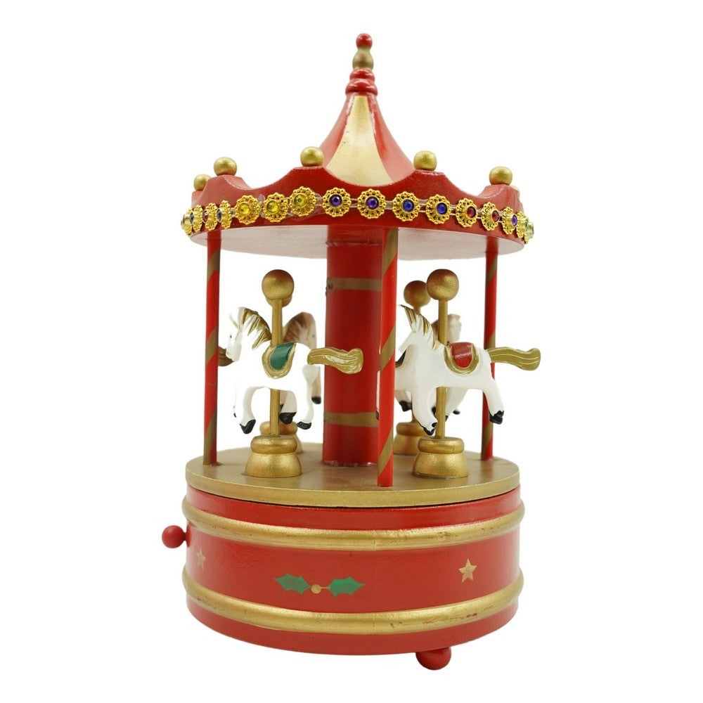 Cutiuta muzicala decorata de Craciun, Carusel rotativ, Rosu, din Lemn, Interior, Klevo