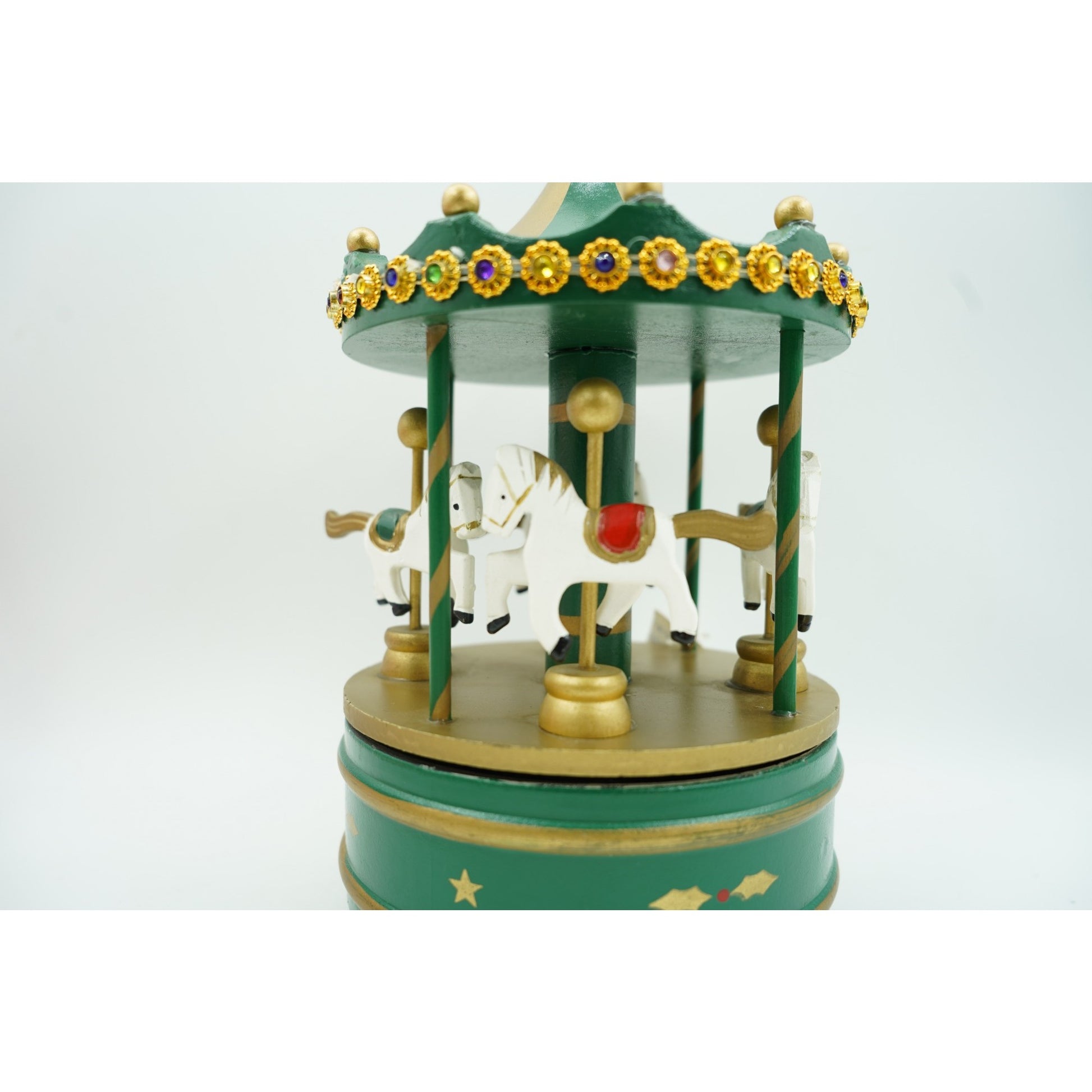 Cutiuta muzicala decorata de Craciun, Carusel rotativ, Verde, din Lemn, Interior, Klevo